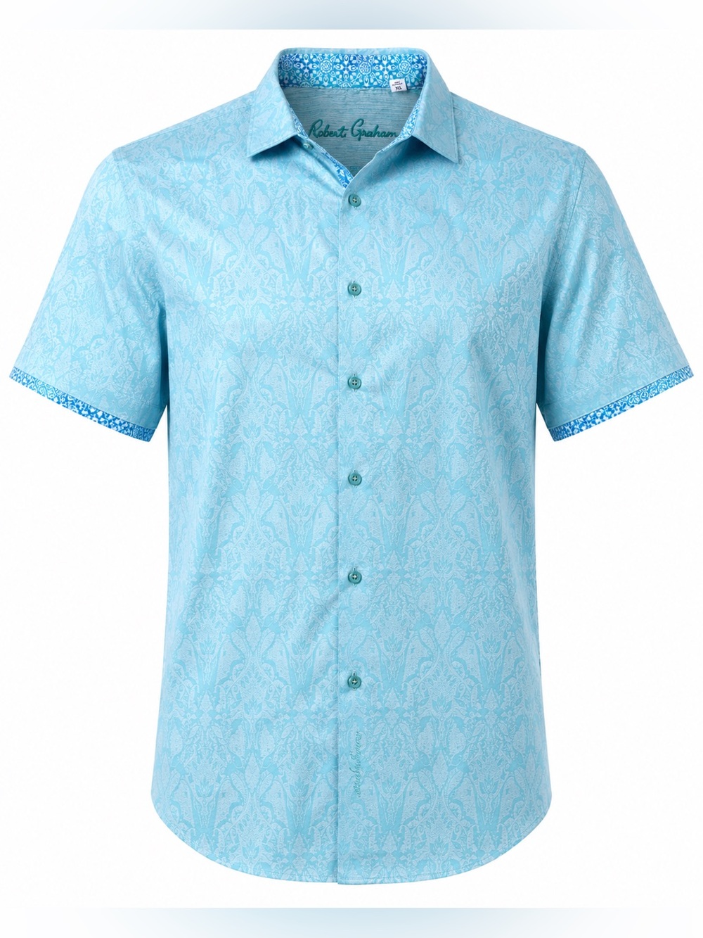 Robert Graham Blue Jacquard Short Sleeve ButtonUp Shirt XL Cotton Stretch Floral